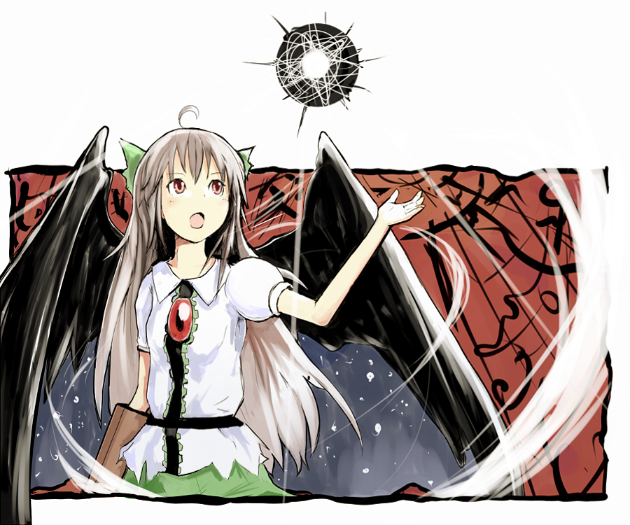 :o, arms_up, black_sun, black_wings, bowed_wings, brown_hair, long_hair, looking_up