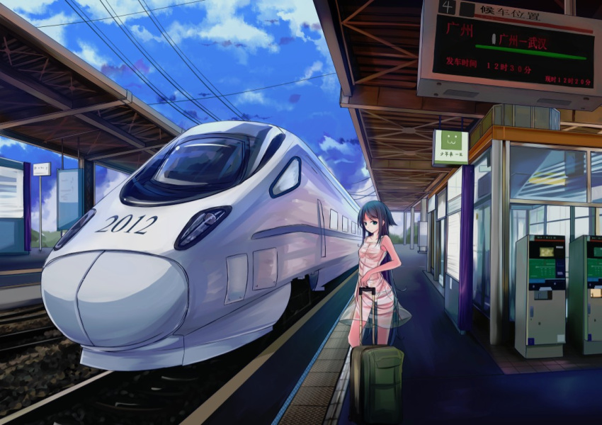 1girl, 2012, bare_shoulders, blue_sky, clouds, cloudy_sky, dress, flat_chest