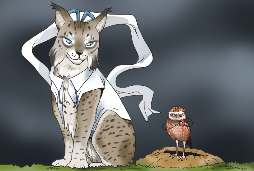 animalization, bird, blue_eyes, burrowing_owl, dress, kaku_seiga, komeiji_satori, lynx_(animal)