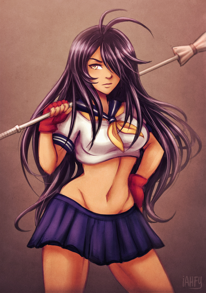 1girl, antenna_hair, breasts, cowboy_shot, crop_top, gloves, hair_over_one_eye, hand_on_hip