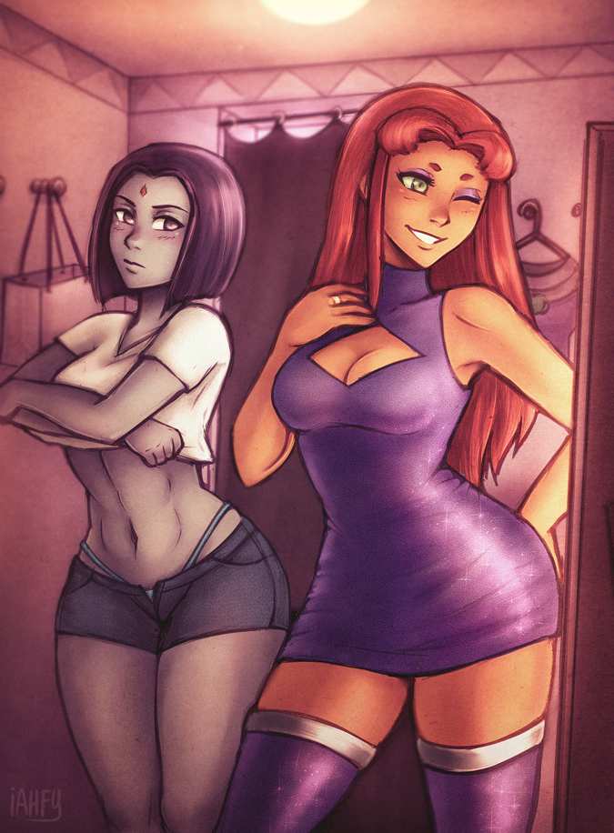 2girls, ;d, black_hair, blue_panties, blush, bob_cut, breasts, casual