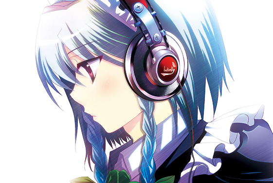 blue_hair, braid, frills, headphones, izayoi_sakuya, kana1104, profile, purple_eyes
