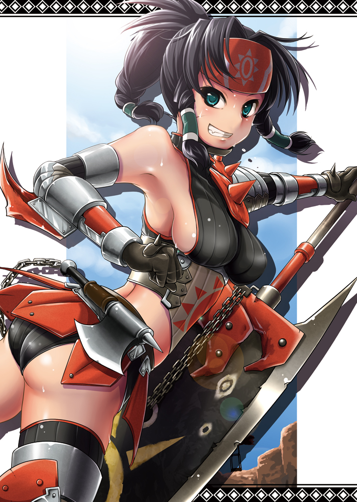 ass, axe, black_hair, breasts, kuroobi_(armor), monster_hunter, pochi-goya, pochi_(pochi-goya), sideboob, smile, solo, sword, weapon
