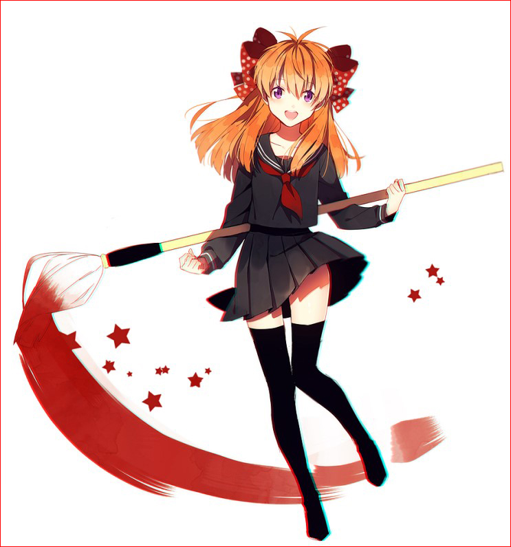1girl, alternate_costume, anaglyph, black_legwear, border, bow, gekkan_shoujo_nozaki-kun, giant_brush