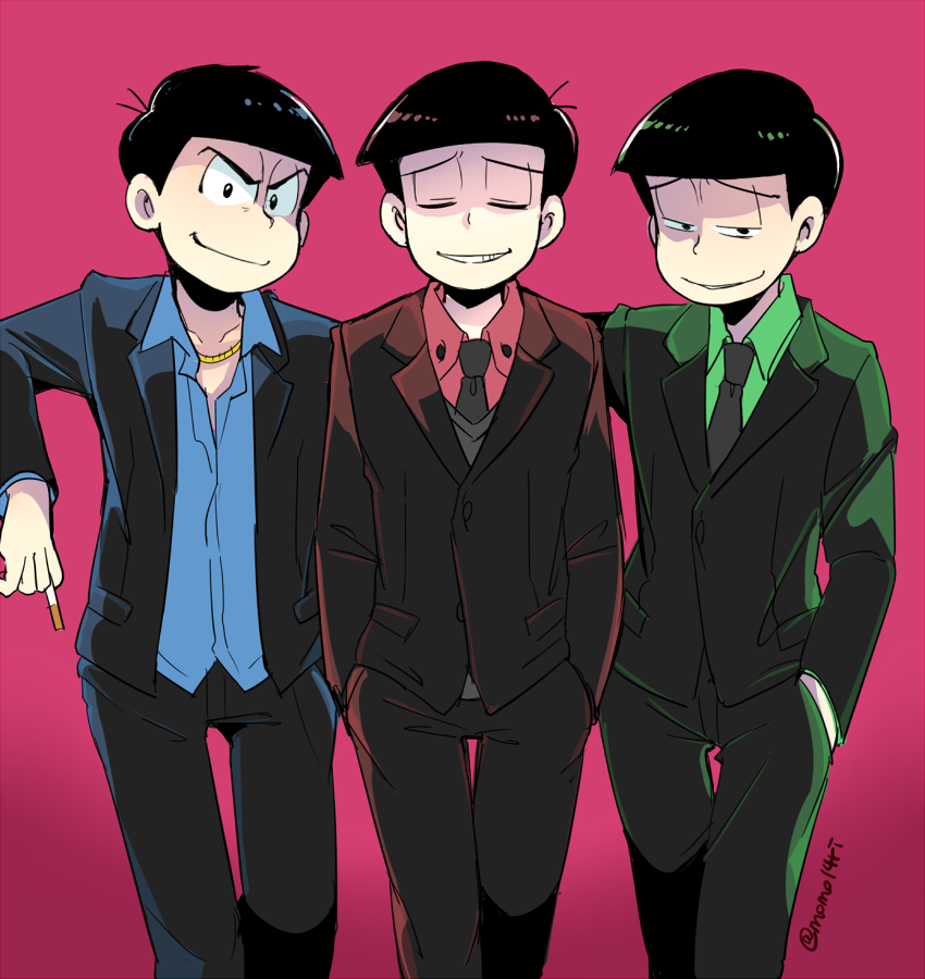 3boys, black_hair, bowl_cut, brothers, choromatsu, cigarette, closed_eyes, cowboy_shot