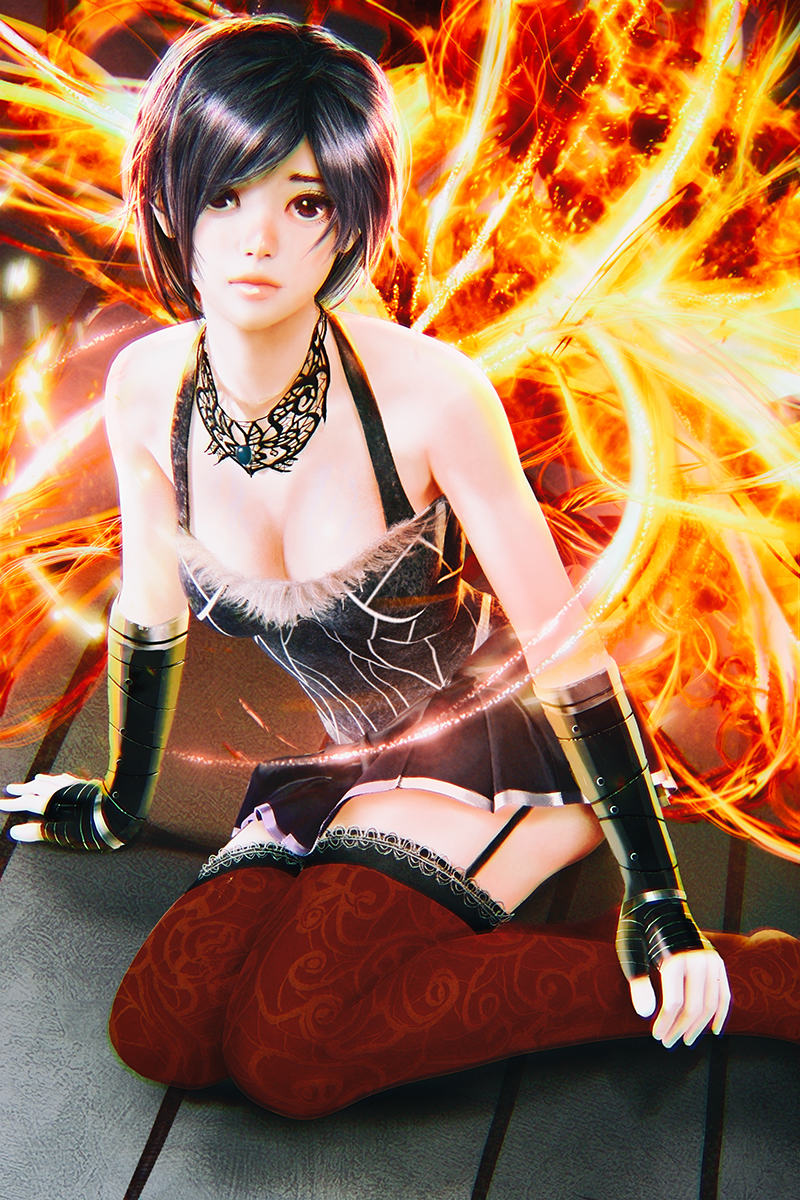 1girl, bare_shoulders, black_gloves, black_hair, black_skirt, breasts, cleavage, corset