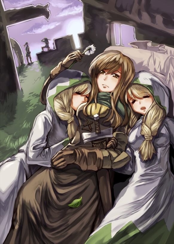 2boys, 3girls, ajyu_(koya), blonde_hair, brown_eyes, brown_hair, closed_eyes, final_fantasy