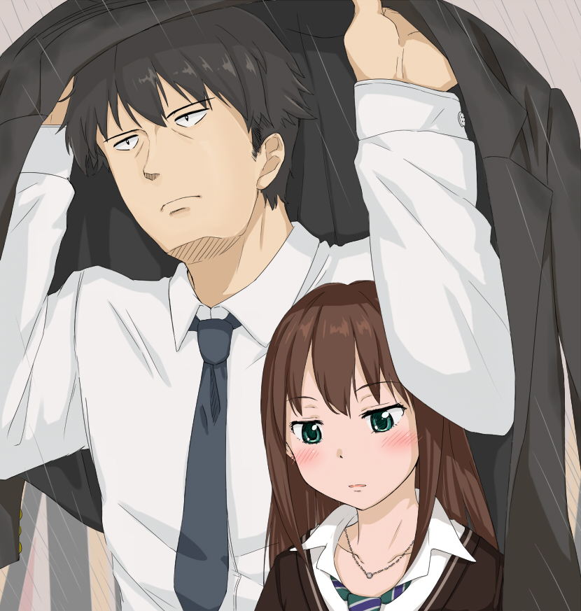 1boy, 1girl, aqua_eyes, black_hair, blush, brown_hair, business_suit, cardigan