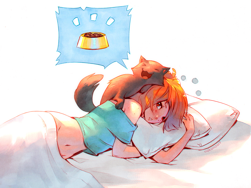 >_<, 1girl, :3, :d, aqua_shirt, artist_name, bare_shoulders, bed_sheet