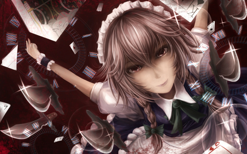 1girl, ace_of_hearts, apron, blood, bloody_clothes, bloody_knife, blue_dress, braid