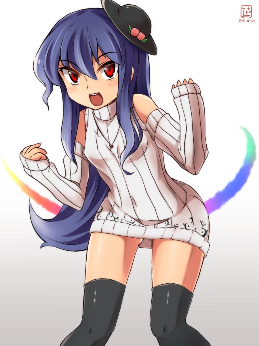 1girl, :d, alternate_costume, bent_over, black_legwear, blue_hair, blush, covered_navel, dated, detached_sleeves, diohazard, dress, food, fruit, gradient, gradient_background, hat, highres, hinanawi_tenshi, jewelry, long_hair, long_sleeves, looking_at_viewer, necklace, open_mouth, peach, red_eyes, ribbed_sleeves, ribbed_sweater, sleeveless, sleeveless_turtleneck, smile, solo, sweater, sweater_dress, thigh-highs, touhou, turtleneck, watermark, zettai_ryouiki