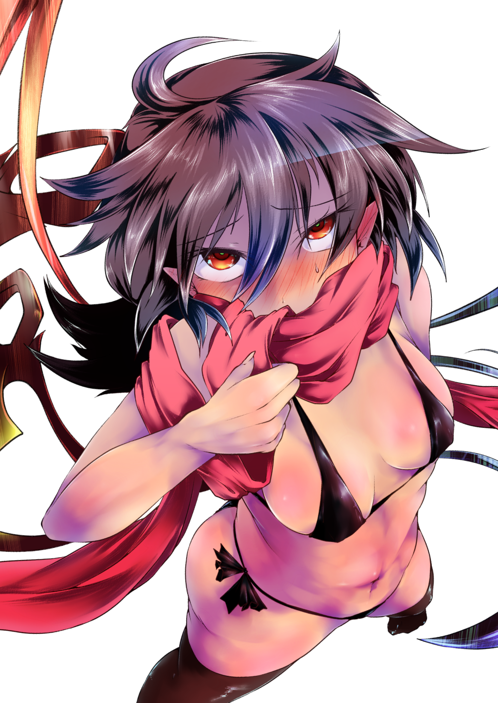 1girl, bikini, black_hair, blush, highres, houjuu_nue, red_eyes, scarf