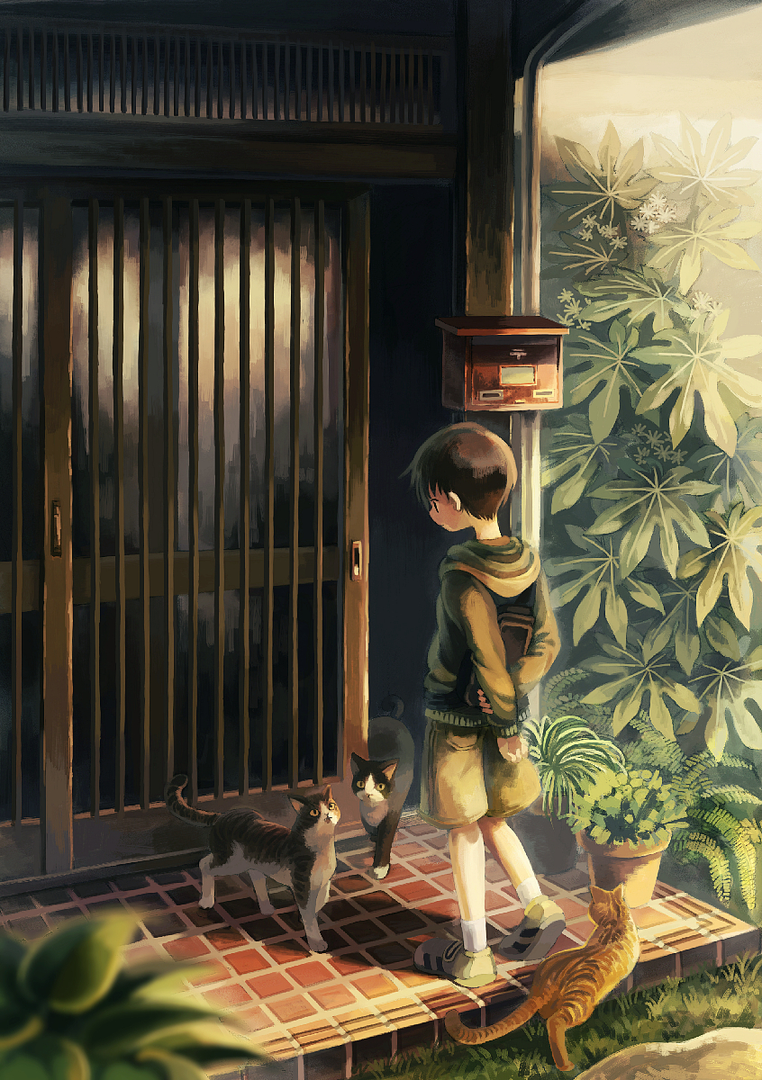 1boy, arms_behind_back, blurry, cat, depth_of_field, from_behind, grass, highres