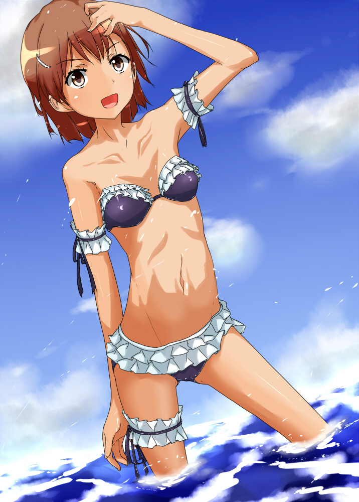 1girl, arm_garter, bikini, brown_eyes, brown_hair, etsuji, frilled_bikini, frills