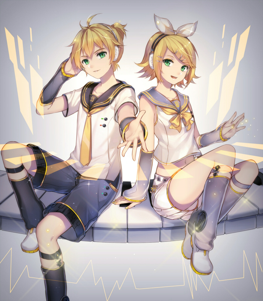 1boy, 1girl, 2girls, blonde_hair, brother_and_sister, green_eyes, hair_ornament, hairclip