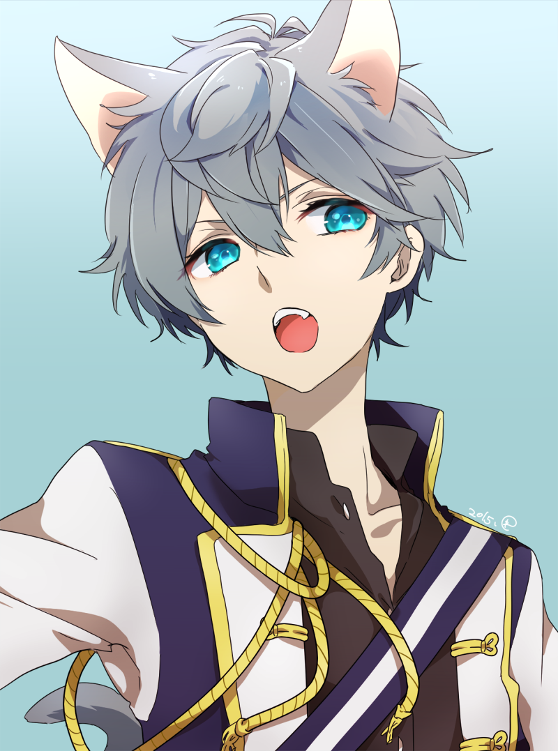 animal_ears, blue_eyes, cat_ears, cat_tail, ensemble_stars!, fang, male_focus, open_mouth