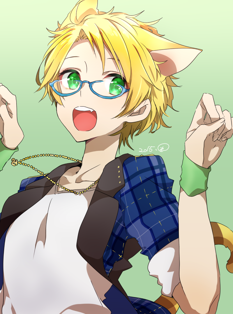 1boy, animal_ears, blonde_hair, cat_ears, cat_tail, ensemble_stars!, fang, glasses