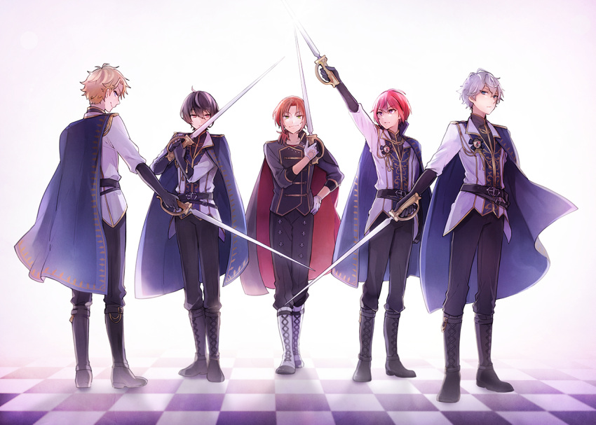 1girl, 4boys, black_gloves, black_hair, blonde_hair, boots, brown_eyes, cape