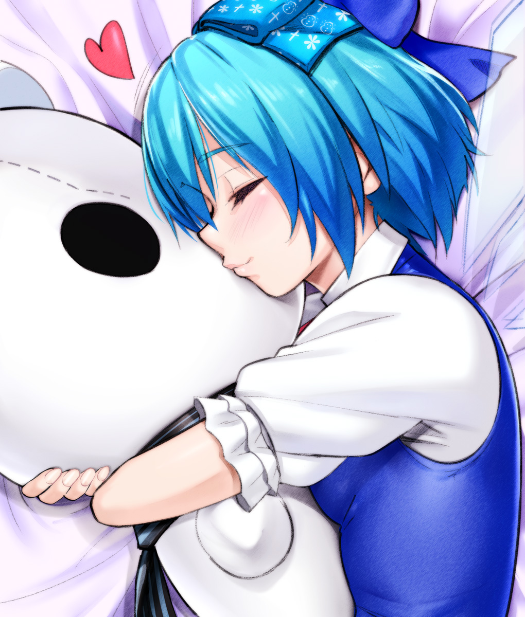 1girl, ^_^, blue_bow, blue_dress, blue_hair, blue_ribbon, blush, bow, cirno, closed_eyes, cross_print, dress, fairy, frilled_sleeves, frills, from_above, hair_between_eyes, hair_bow, hair_ribbon, happy, heart, highres, lying, nyamota_(noraneko_koubou), on_side, ribbon, shirt, short_hair, short_sleeves, smile, snowflake_print, snowman_print, solo, stuffed_toy, touhou, white_shirt
