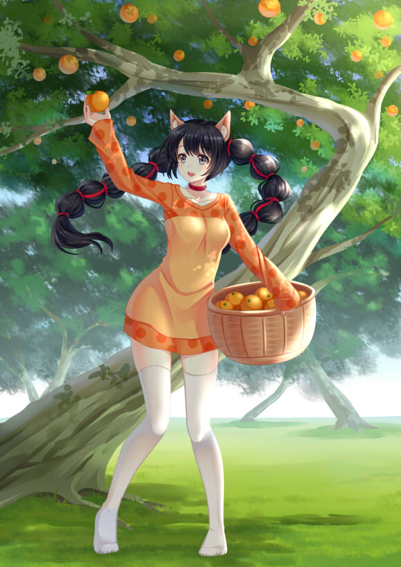 1girl, :d, animal_ears, arm_up, basket, black_hair, blue_eyes, blue_sky
