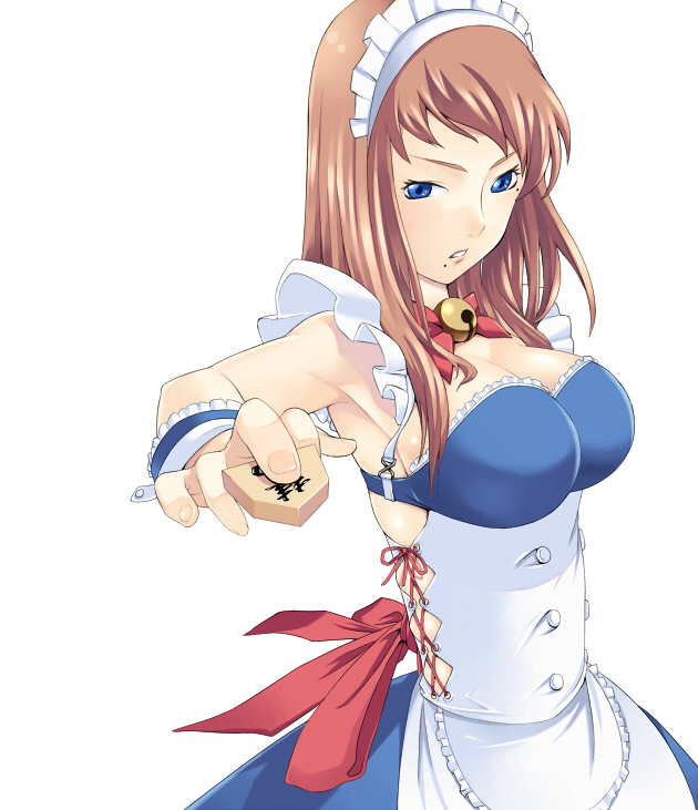 bad_id, bell, bell_collar, blue_eyes, breasts, brown_hair, cleavage, collar