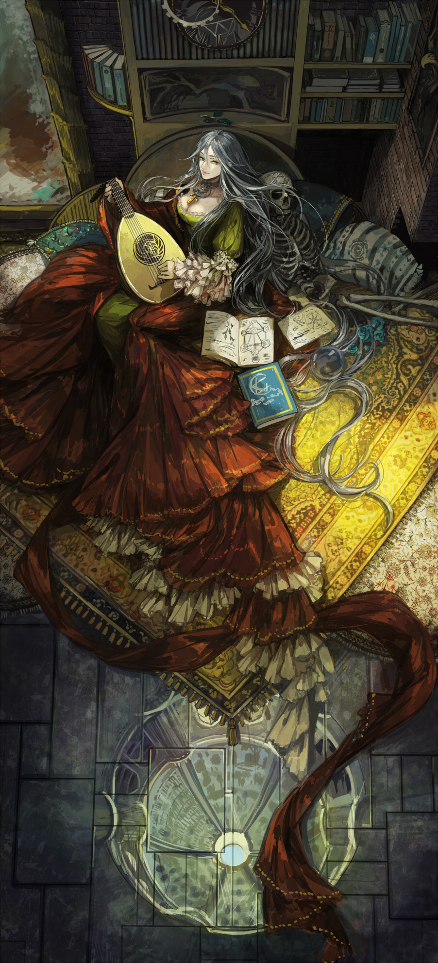 1girl, blue_flower, blue_rose, book, bookshelf, brick_wall, carpet, clock