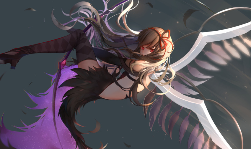 1girl, akemi_homura, akuma_homura, black_gloves, black_hair, bow, dress, elbow_gloves