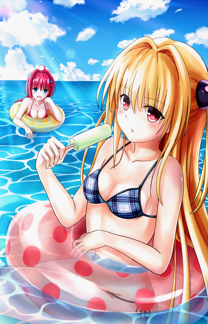 2girls, bikini, blonde_hair, blue_eyes, braid, breasts, cleavage, konjiki_no_yami