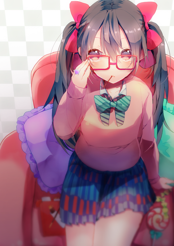 1girl, adjusting_glasses, amana_raika, armchair, black_hair, blur, bow, bowtie, box, candy, chair, checkered, collared_shirt, depth_of_field, food, food_in_mouth, frilled_pillow, glasses, hair_between_eyes, hair_bow, heart_ring, jewelry, lollipop, long_sleeves, love_live!_school_idol_project, miniskirt, mouth_hold, pillow, pleated_skirt, pocky, red-framed_glasses, red_eyes, ring, school_uniform, shirt, sitting, skirt, solo, striped, striped_bowtie, sweater, twintails, yazawa_nico