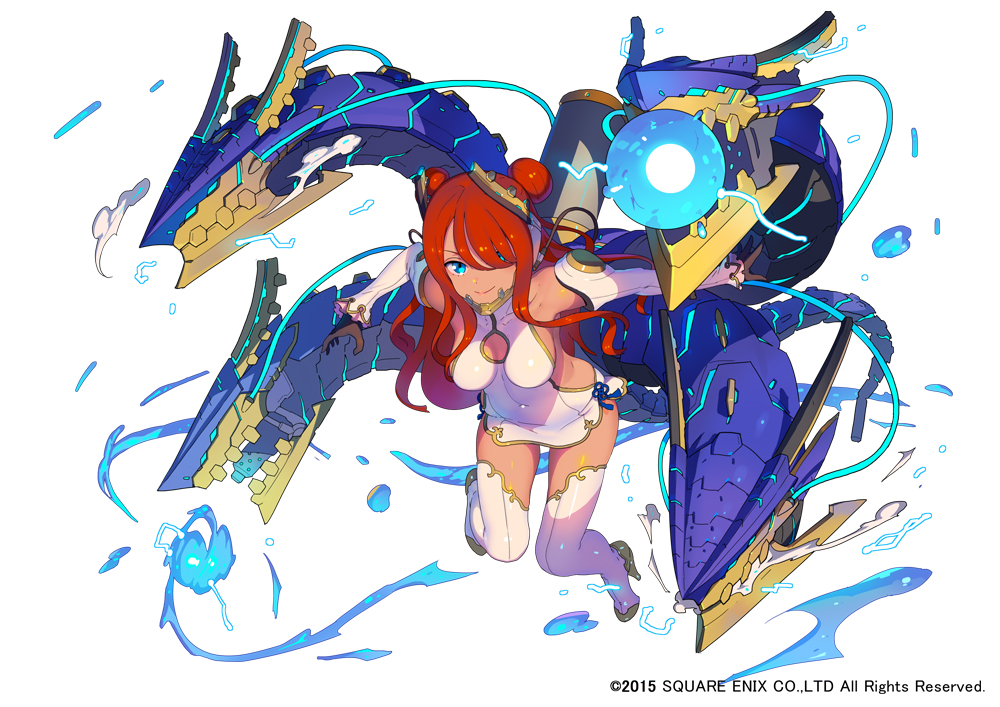 1girl, black_gloves, blue_eyes, boots, china_dress, chinese_clothes, cleavage_cutout, detached_sleeves, double_bun, dragon, gloves, hair_over_one_eye, headgear, high_heel_boots, high_heels, jumping, long_hair, mugen_knights, multiple_heads, nagisa_kurousagi, redhead, robot, side_cutout, sidelocks, smile, solo, square_enix, thigh-highs, thigh_boots, water, white_legwear