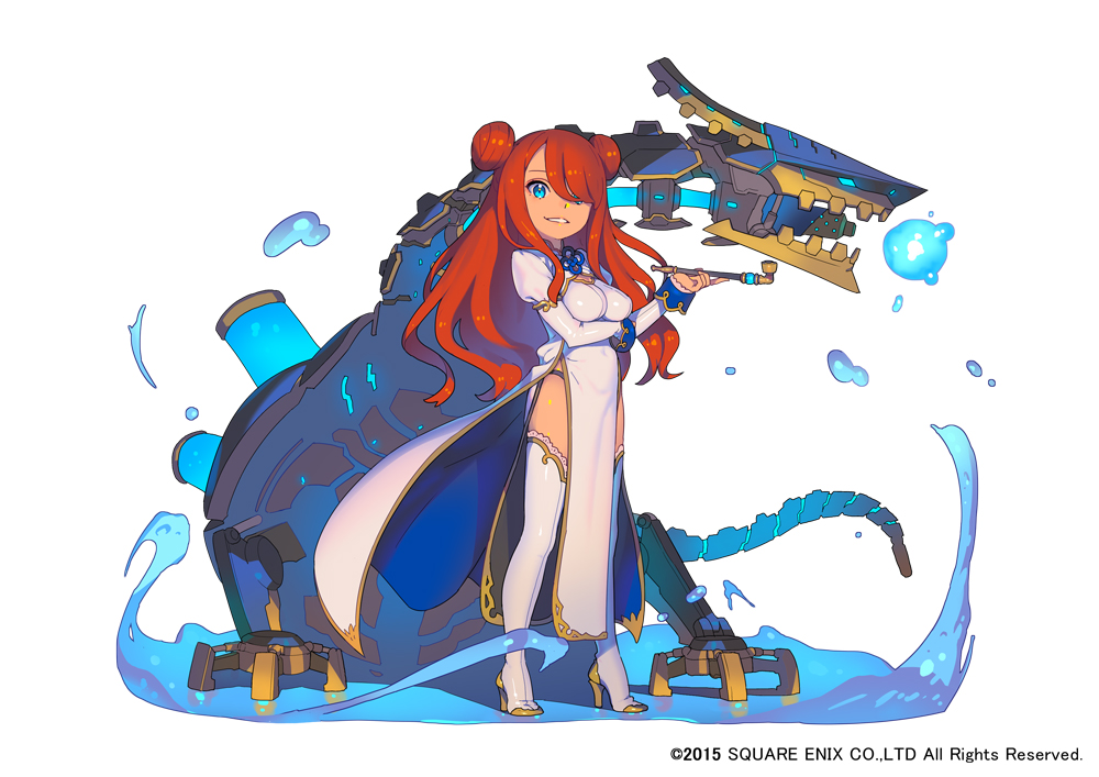 1girl, blue_eyes, boots, breast_hold, breasts, china_dress, chinese_clothes, double_bun, dragon, grin, hair_over_one_eye, high_heel_boots, high_heels, kiseru, long_hair, mugen_knights, nagisa_kurousagi, pipe, redhead, robot, sidelocks, smile, solo, square_enix, standing, thigh-highs, thigh_boots, water, white_legwear