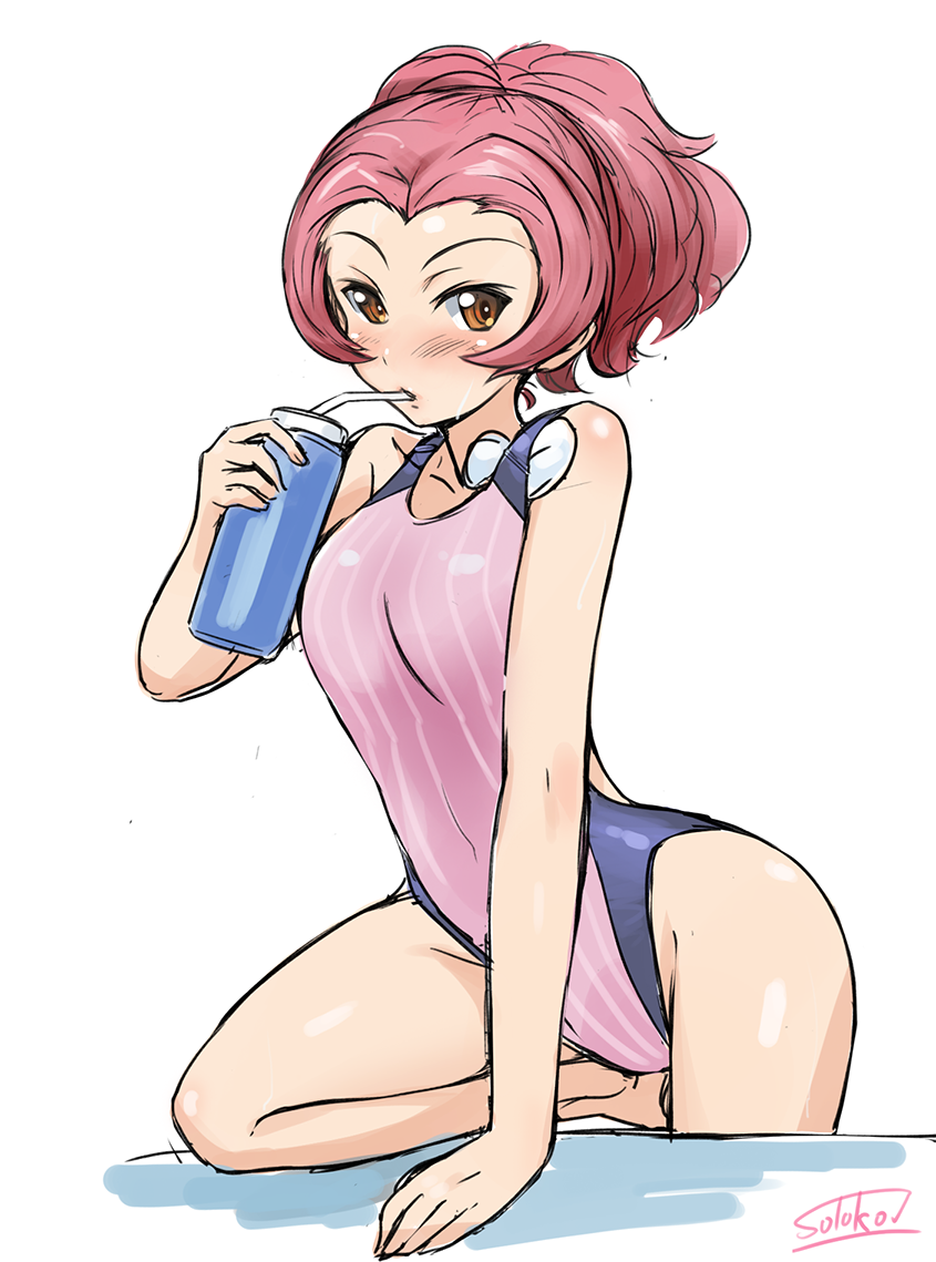 1girl, bottle, brown_eyes, competition_swimsuit, girls_und_panzer, one-piece_swimsuit, ponytail, redhead, rosehip, short_hair, solokov_(okb-999), swimcap_removed, swimsuit, water_bottle