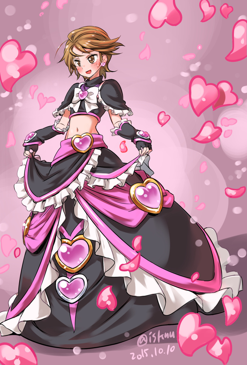 1girl, 2015, adapted_costume, arm_warmers, black_dress, black_gloves, black_shirt, blush, brown_eyes, brown_hair, cure_black, dated, dress, earrings, embarrassed, eyelashes, female, fingerless_gloves, futari_wa_precure, gloves, go!_princess_precure, happy, heart, highres, isedaichi_ken, jewelry, looking_at_viewer, magical_girl, midriff, misumi_nagisa, mode_elegant_(go!_princess_precure), navel, open_mouth, parody, precure, ribbon, shirt, short_hair, sketch, smile, solo