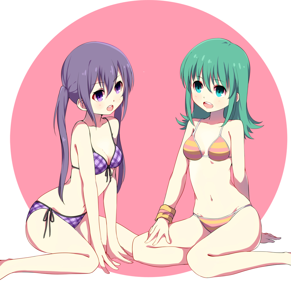 2girls, bikini, crossover, gochuumon_wa_usagi_desu_ka?, green_eyes, green_hair, hunter_x_hunter, lauqe, long_hair, multiple_girls, ponzu, purple_hair, sitting, swimsuit, tedeza_rize, twintails, violet_eyes, wariza