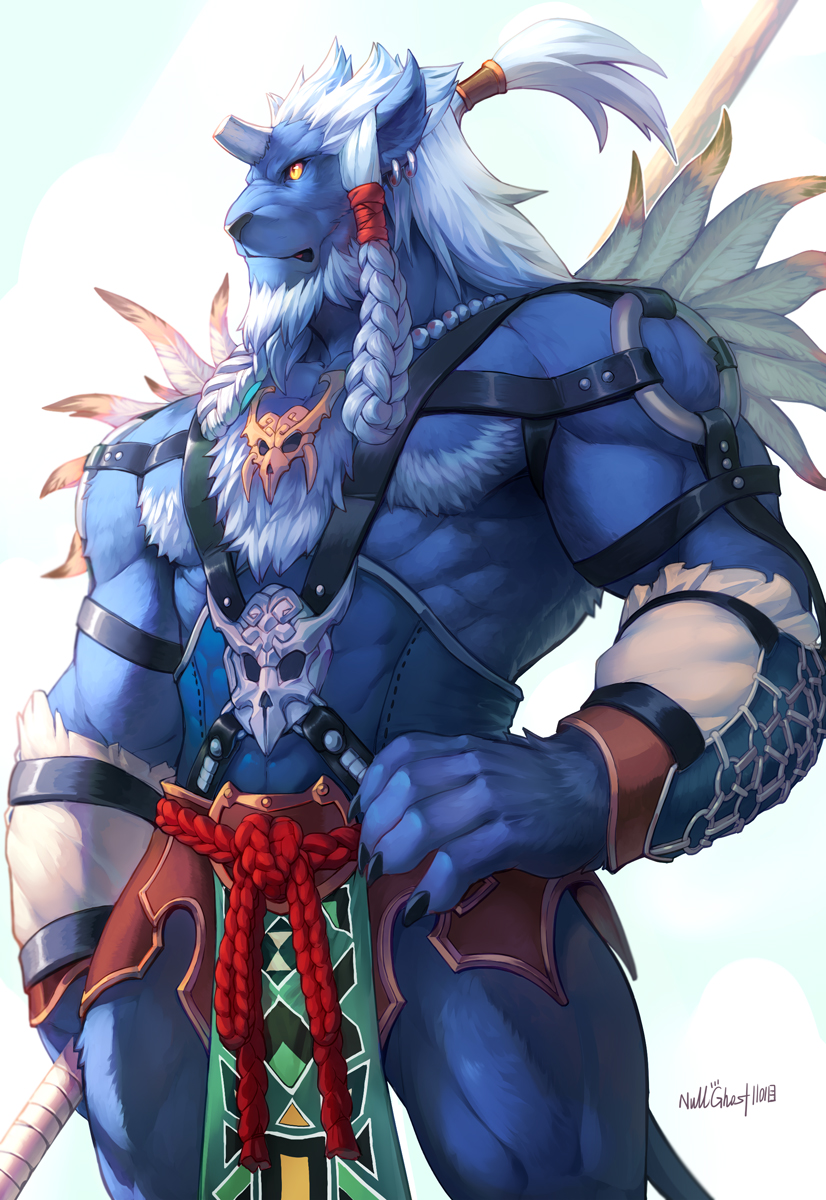 1boy, blue_skin, braid, broken_horn, final_fantasy, final_fantasy_x, hair_ornament, highres, kimahri_ronso, long_hair, muscle, null-ghost, ronso, solo, weapon, white_hair, yellow_eyes