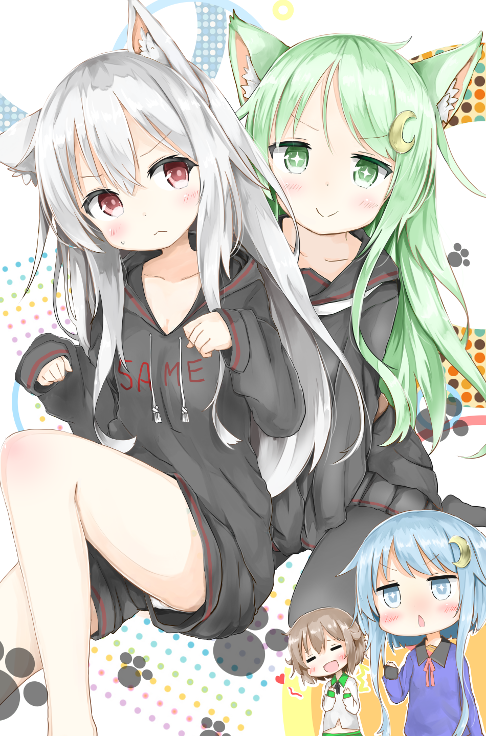 +_+, 4girls, :>, :d, =_=, animal_ears, black_legwear, black_serafuku