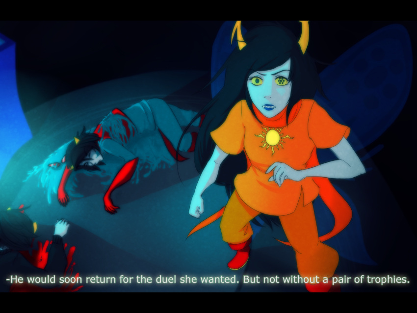 black_hair, blood, blue_blood, blurry, fangs, grey_skin, homestuck, karkat_vantas