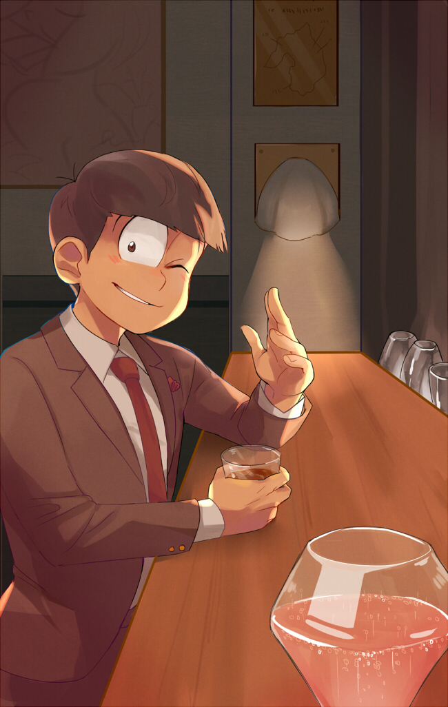 1boy, ;), brown_eyes, brown_hair, cup, drinking_glass, formal, light_smile, male_focus, maririnbo, necktie, one_eye_closed, osomatsu-kun, osomatsu-san, osomatsu_(osomatsu-kun), portrait, pov, red_necktie, sitting, smile, solo, suit