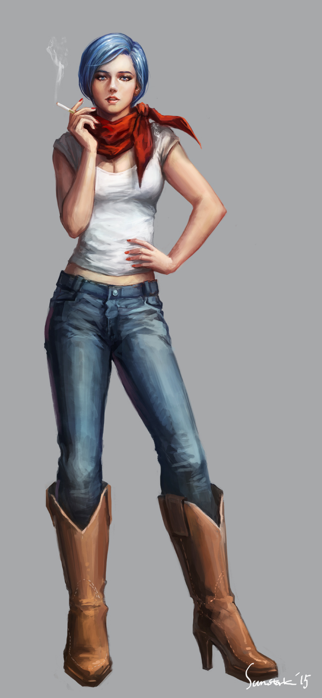 1girl, blue_eyes, blue_hair, boots, breasts, bulma, cigarette, cleavage