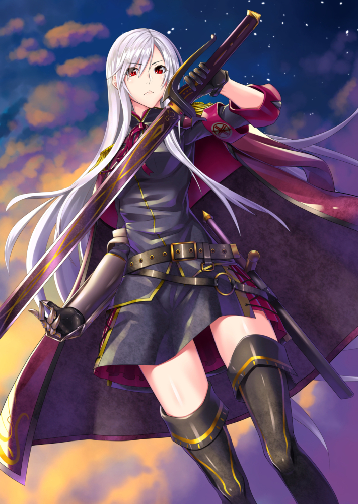 1girl, :<, armband, bangs, belt, black_boots, boots, cape