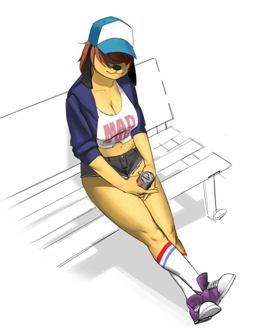 1girl, animal_ears, bare_legs, bench, borrowed_character, breasts, brown_hair, cleavage, cropped_jacket, crossed_ankles, cutoffs, dog_ears, full_body, furry, hair_over_eyes, kneehighs, looking_at_viewer, midriff, original, pomki, sam_(colo), shoes, short_hair, short_shorts, shorts, sitting, sneakers, snout, soda_can, solo, yellow_skin