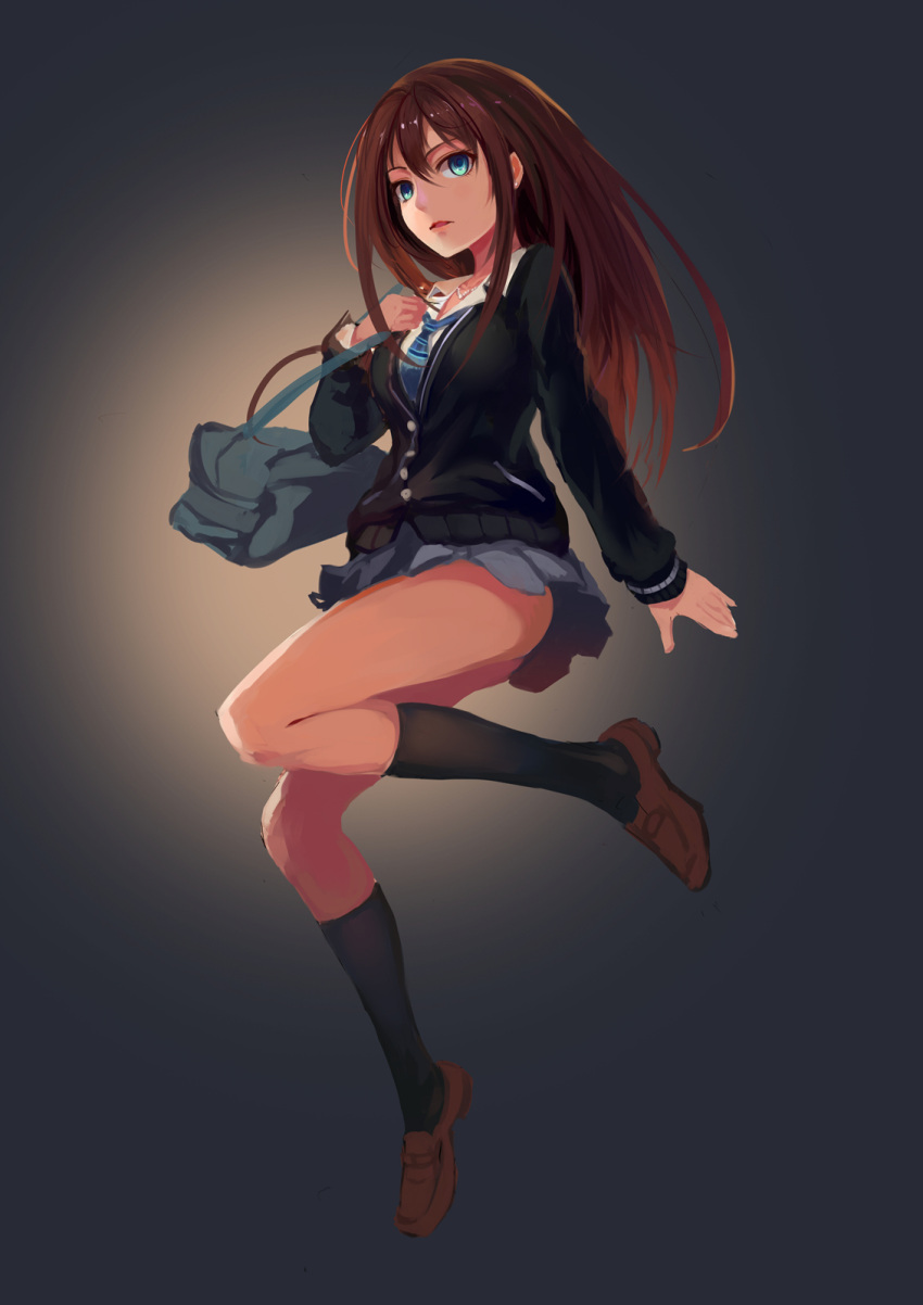 1girl, bag, blue_eyes, brown_hair, cardigan, earrings, full_body, hair_between_eyes
