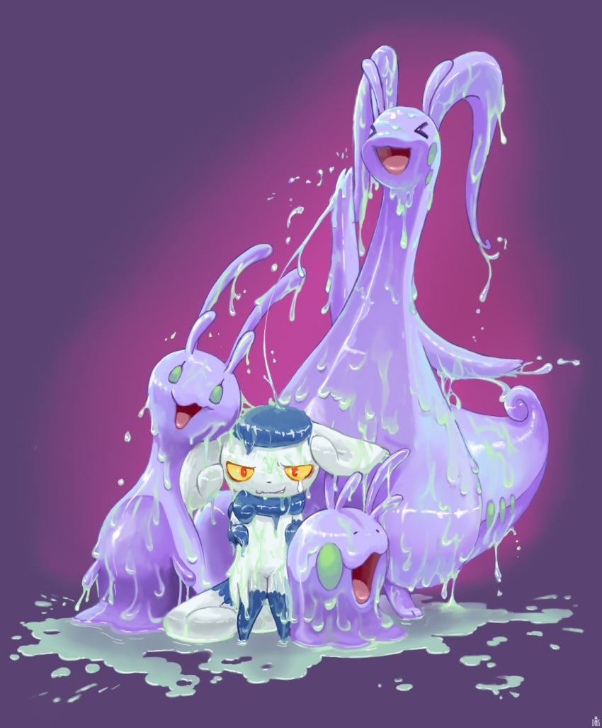 1girl, dakusei, goodra, goomy, highres, meowstic, pokemon, pokemon_(creature)