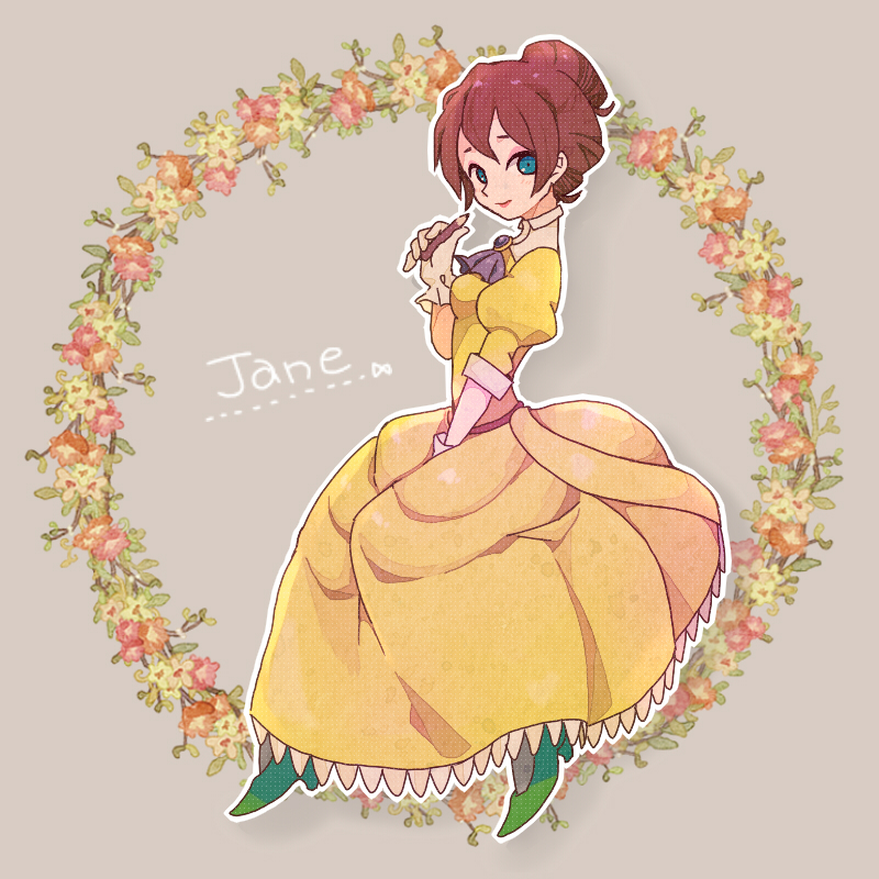 1girl, blue_eyes, blush, brown_hair, disney, dress, eyelashes, flower