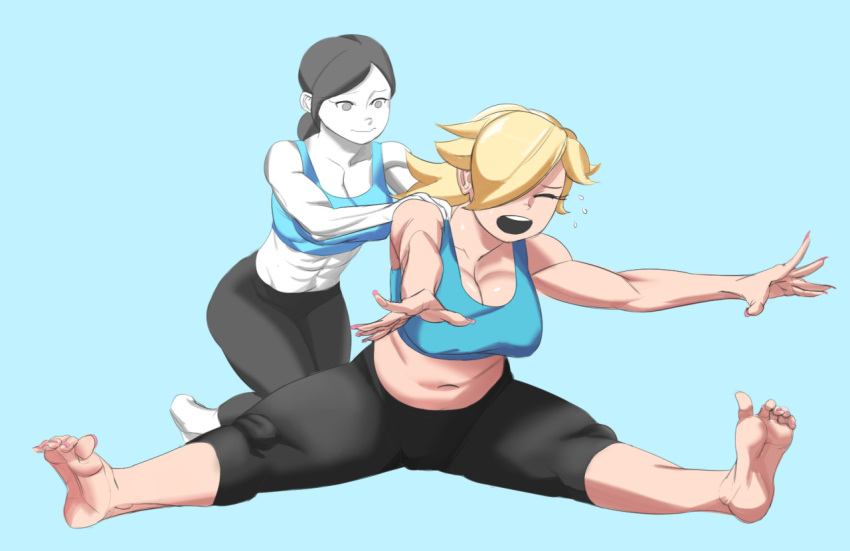 2girls, abs, barefoot, belly, blonde_hair, blue_background, breasts, capri_pants
