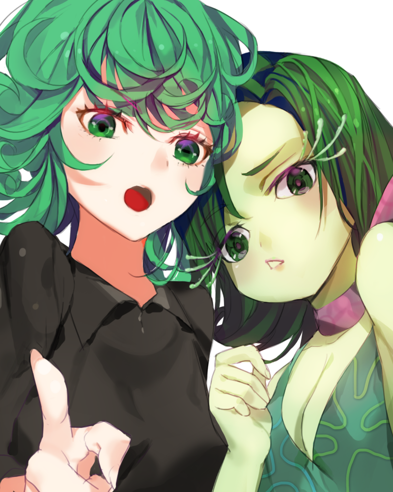 2girls, :o, bangs, breasts, chestnut_mouth, cleavage, color_connection, crossover