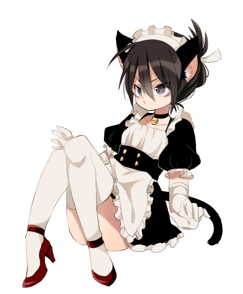 1boy, alternate_costume, animal_ears, apron, bangs, bell, bell_choker, black_hair, buttons, cat_ears, cat_tail, choker, crossdressinging, dress, eyes_visible_through_hair, folded_ponytail, frills, full_body, grey_eyes, hair_between_eyes, hair_ribbon, high_heels, highres, long_hair, maid_headdress, male_focus, onepunch_man, onsoku_no_sonic, puffy_short_sleeves, puffy_sleeves, red_shoes, ribbon, seitarou, shoes, short_sleeves, simple_background, sitting, solo, tail, waist_apron, white_apron, white_background, white_legwear, white_ribbon