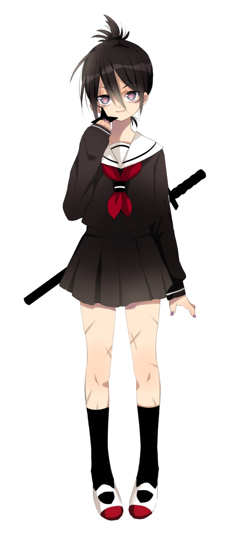 1boy, :3, absurdres, alternate_costume, bangs, black_blouse, black_hair, black_legwear