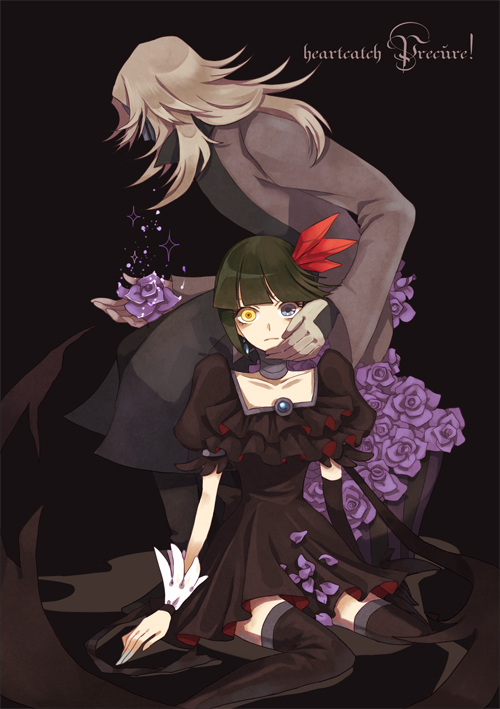 1boy, 1girl, dark_precure, dress, flower, hair_ornament, heartcatch_precure!, magical_girl