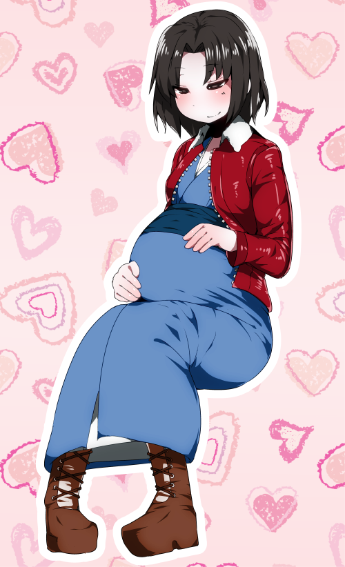 1girl, artist_request, blush, boots, brown_eyes, brown_hair, fur-trimmed_coat, hands_on_stomach